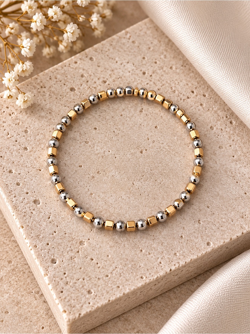 Classic Two-Tone Stretch Beaded Bracelet - Gold & Silver